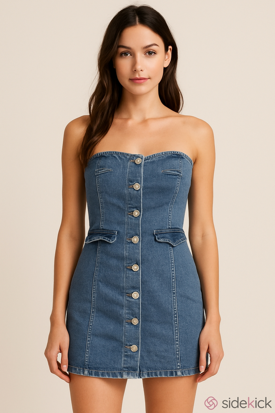 Wax Jean Collection Blue Denim Strapless Mini Dress Large
